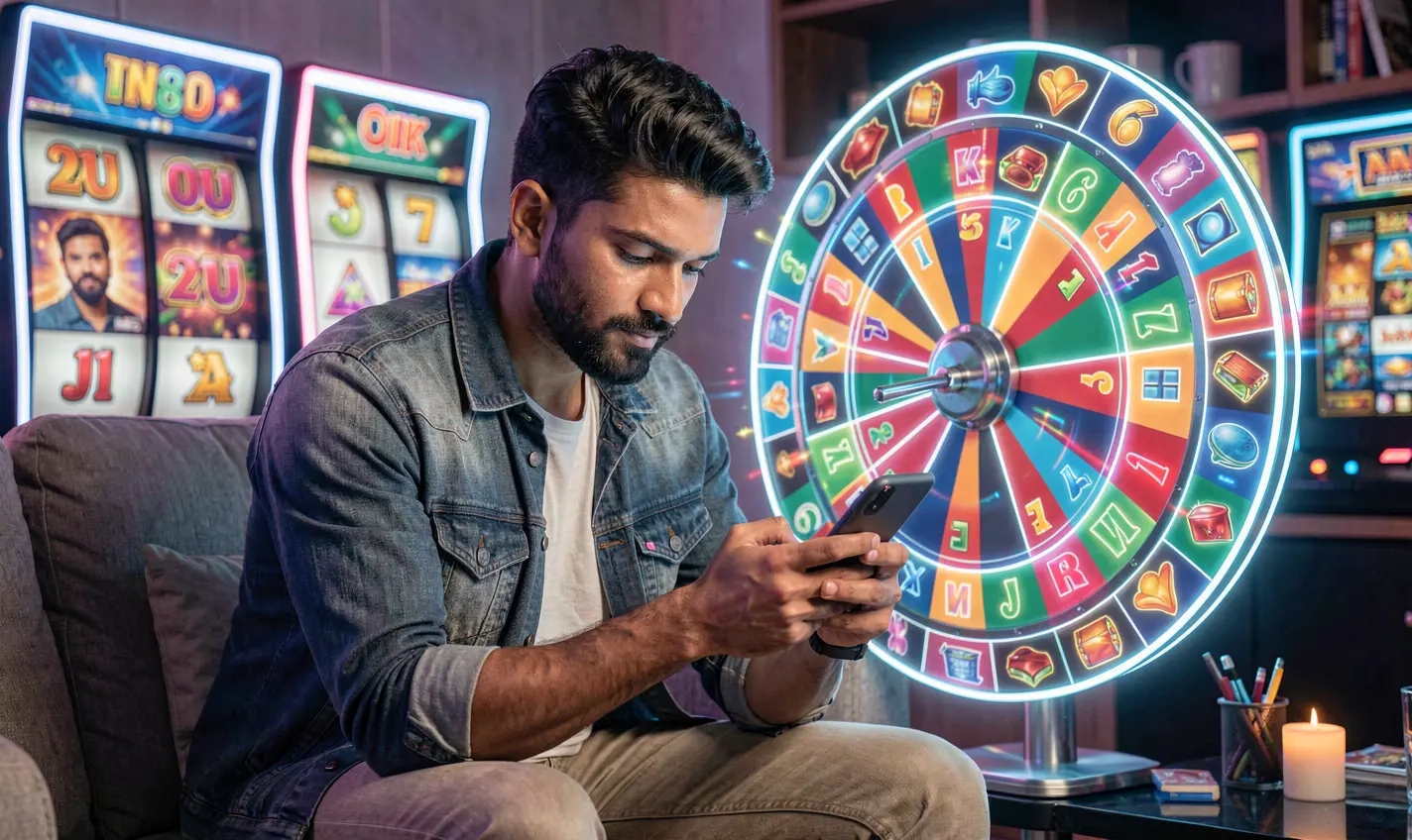 488TK App – Play casino games smoothly on your mobile device in Bangladesh Stylish Bangladeshi man using the 488TK casino app with a glowing digital roulette interface highlighting mobile gaming excitement