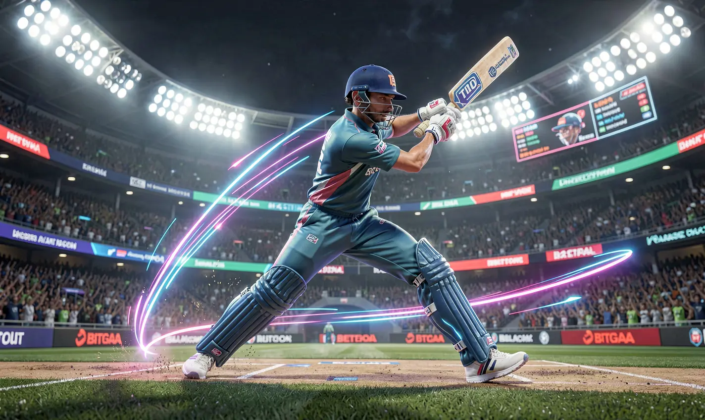 Dynamic neon cricket player striking the ball in a futuristic stadium representing live cricket betting action on 488TK in Bangladesh