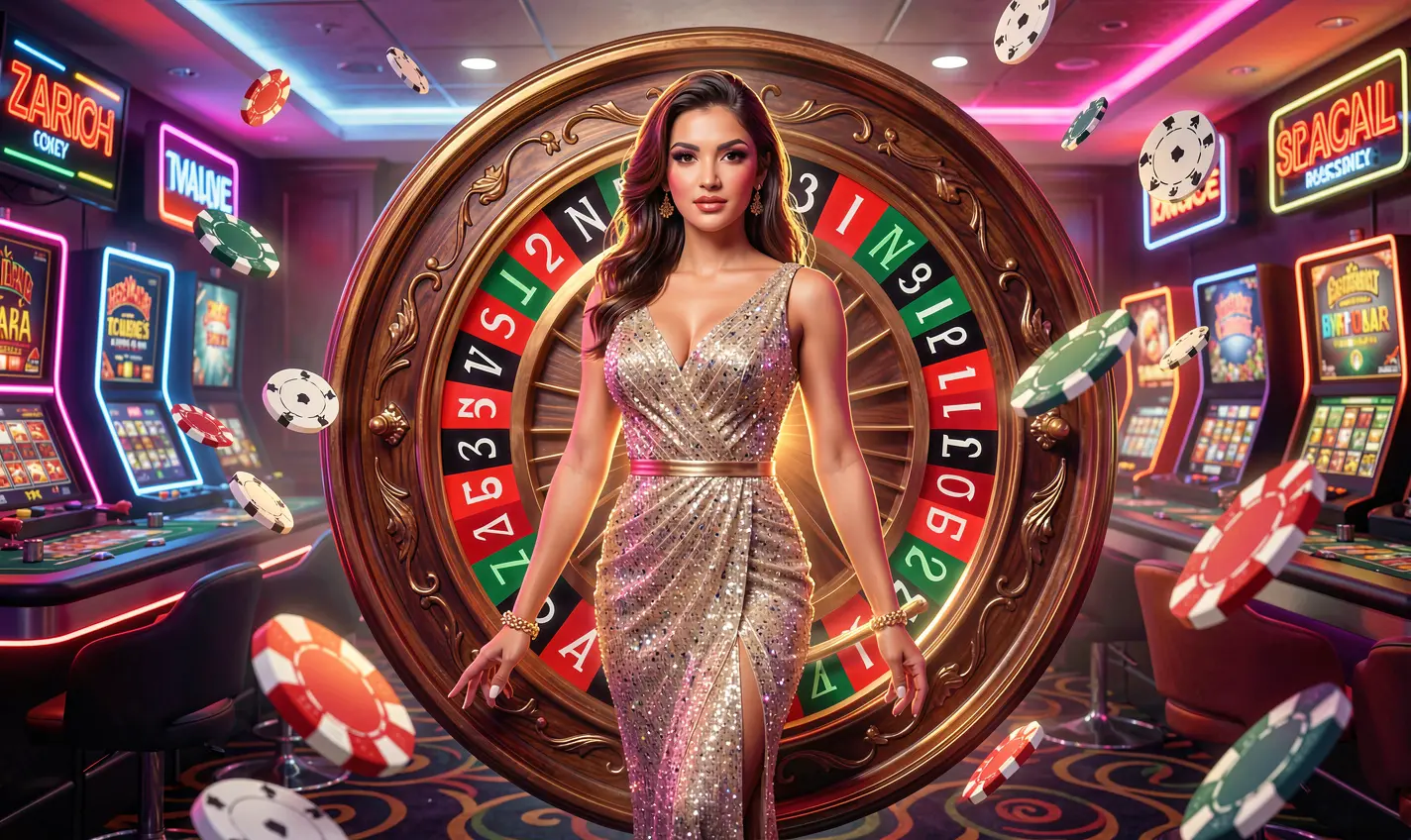 A glamorous casino hostess standing before a vibrant roulette wheel with flying chips symbolizing premium gaming and big bonus opportunities offered by 488TK in Bangladesh