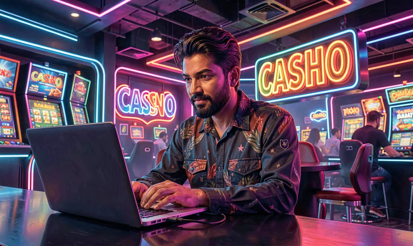 488TK Games – Explore a vibrant world of online casino entertainment in Bangladesh Modern casino scene with a player using a laptop surrounded by colorful neon signs and slot machines highlighting the vibrant online gaming environment of 488TK in Bangladesh