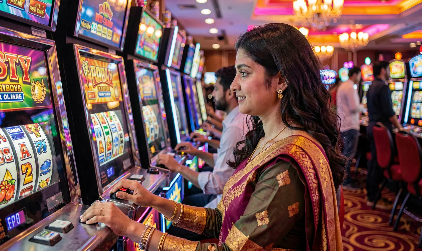 Focused Bangladeshi woman playing a modern slot machine in a vibrant casino atmosphere at 488TK with colorful lights and an immersive gaming experience